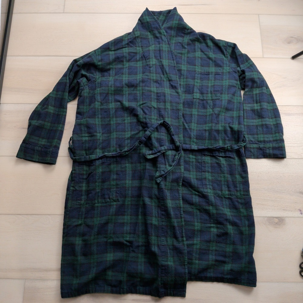 LL Bean Scotch Plaid Flannel Robe Men XL Black Watch Plaid Cotton Long Sleepwear